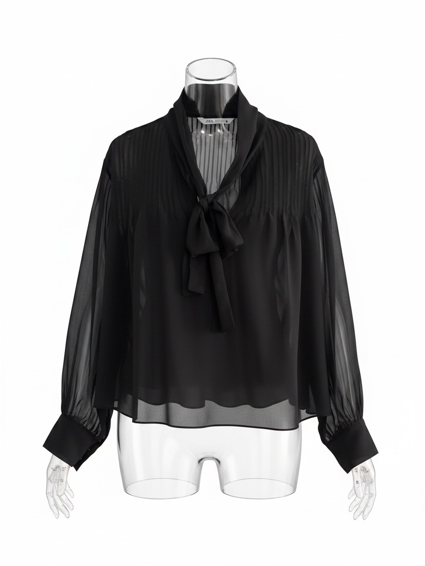 Zara Black Sheer Tie-Neck Blouse